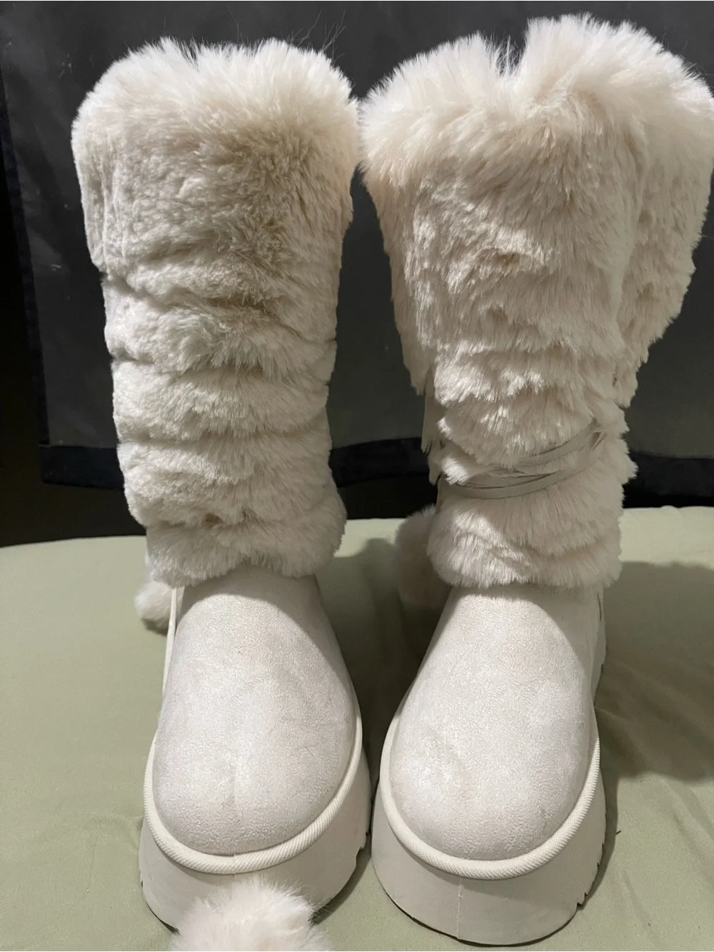 Cream Faux-Fur Winter Boots with Pom-Pom Ties